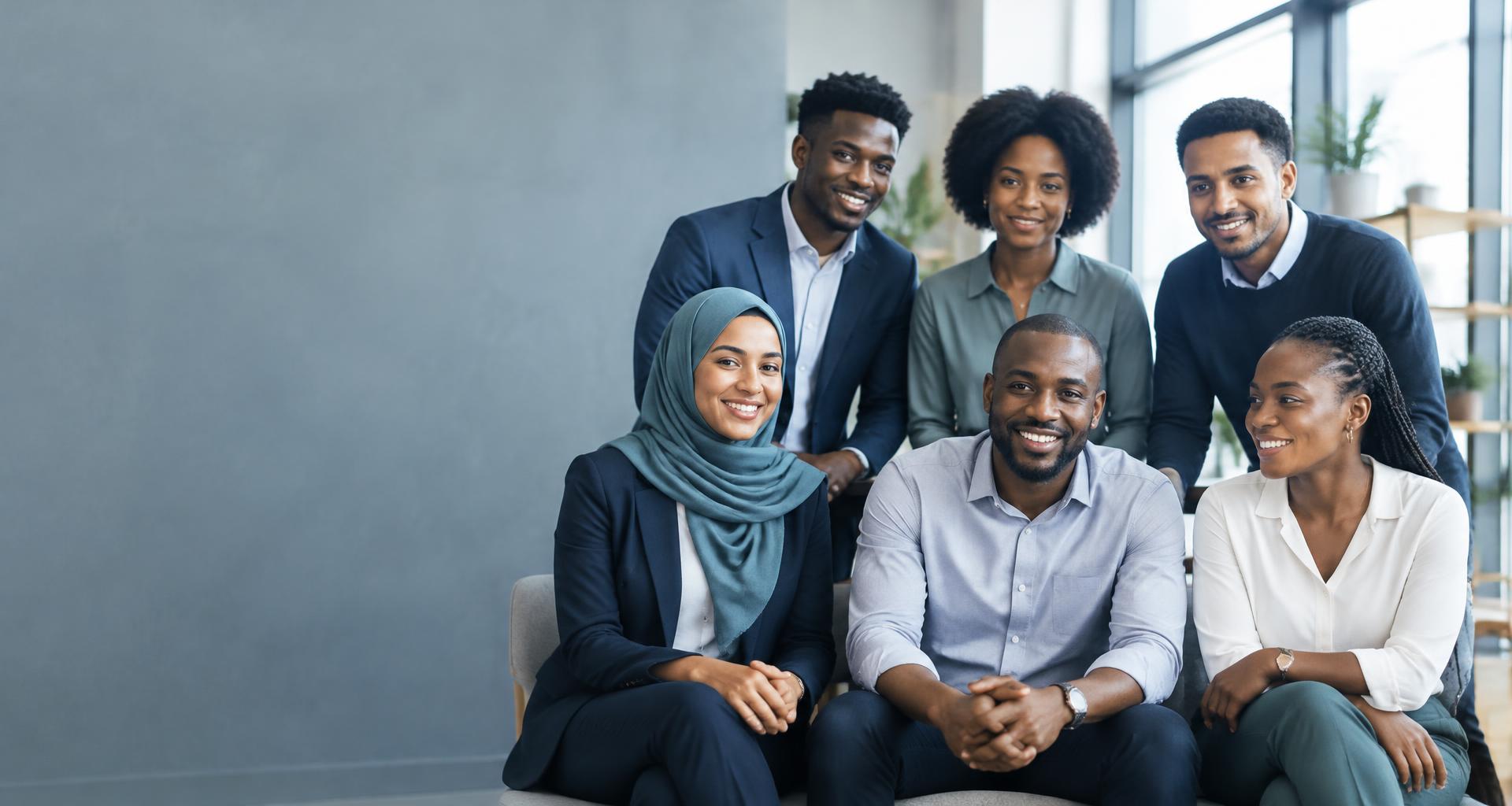 Six adult learners with varied skin tones, including a woman wearing a hijab, learning together with laptops